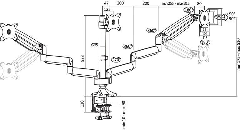 Technische Zeichnung eines verstellbaren Monitorarms mit Maßen und Schwenkbereichen. Geeignet für zwei Bildschirme, mit flexiblen Gelenken.