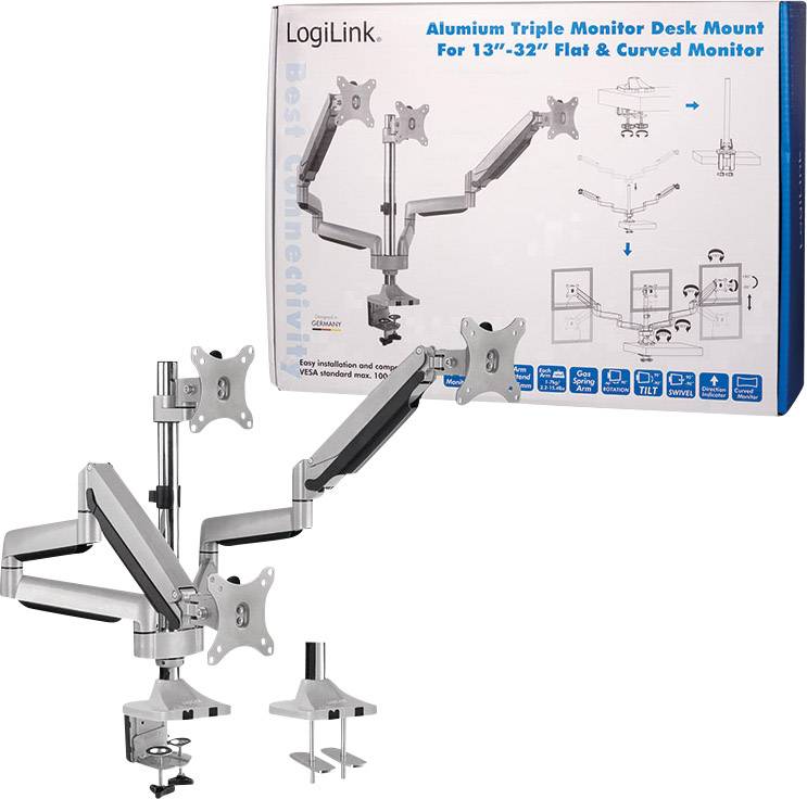 Ein Aluminium-Schreibtischhalter für drei Monitore, passend für 13"-32"-Bildschirme. Zeigt Installationsdiagramme auf der Verpackung.