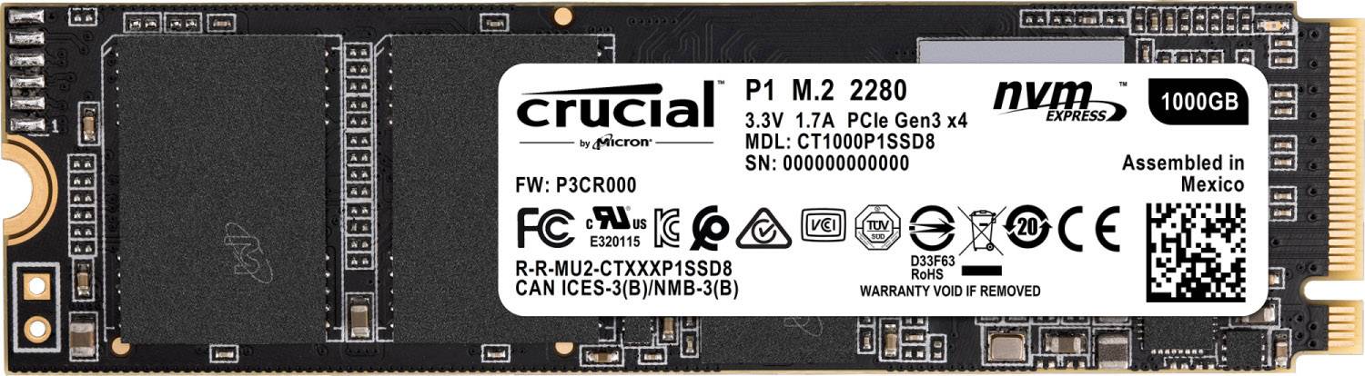 Crucial P1 1TB Interne M.2 PCIe NVMe SSD 2280 M.2 NVMe PCIe 3.0 x4 Retail CT1000P1SSD8