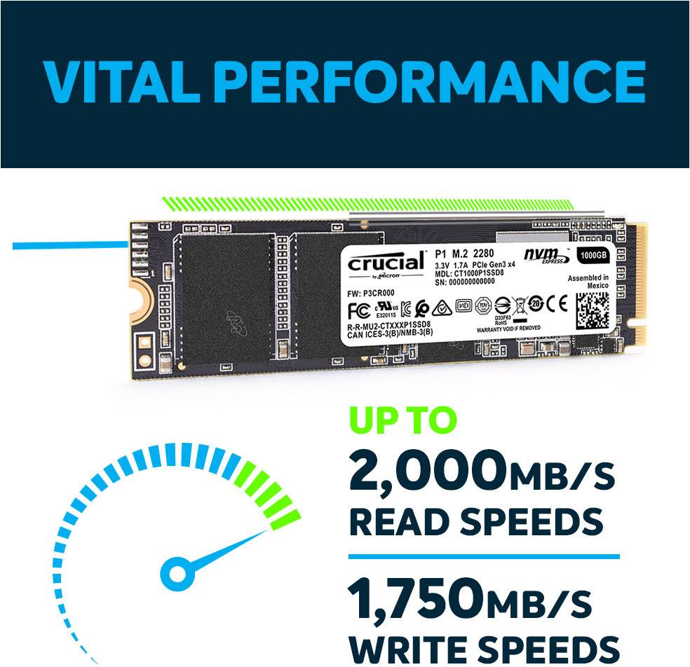 Crucial P1 1TB Interne M.2 PCIe NVMe SSD 2280 M.2 NVMe PCIe 3.0 x4 Retail CT1000P1SSD8