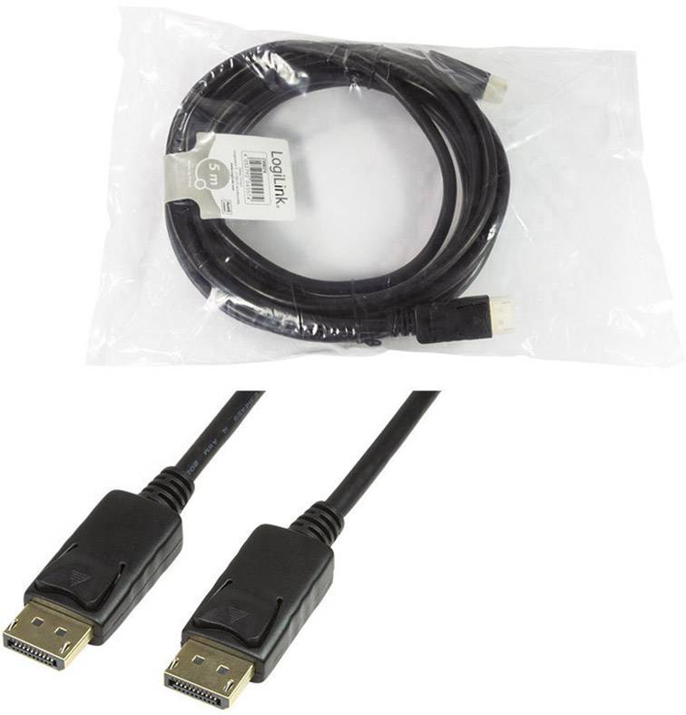 Ein schwarzes DisplayPort-Kabel in einer Plastikverpackung. Zwei DisplayPort-Anschlüsse sind sichtbar.