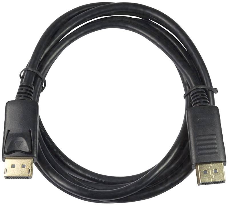 Ein schwarzes DisplayPort-Kabel mit zwei Steckern, geeignet zur Übertragung von Video- und Audiosignalen zwischen Geräten.