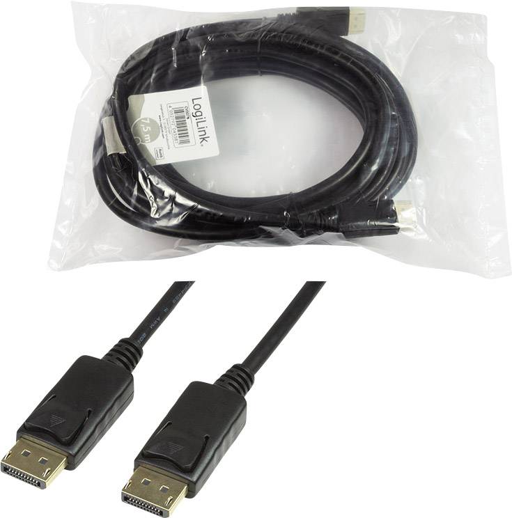 Ein schwarzes DisplayPort-Kabel in Originalverpackung und dessen Anschlüsse sind gezeigt. Verpackungsetikett zeigt 7,5 m Länge.