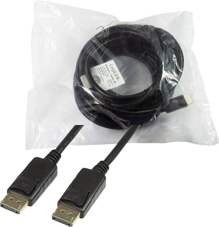 Ein DisplayPort-Kabel in einer transparenten Plastiktüte. Die Kabelenden sind sichtbar, mit männlichen Steckeranschlüssen.