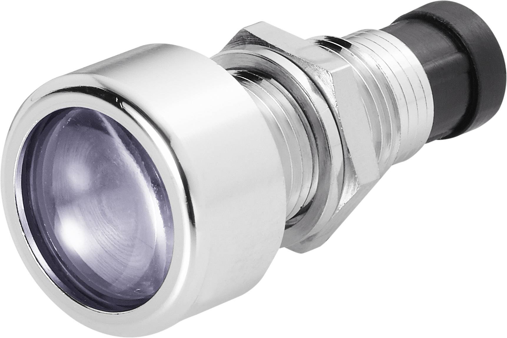 Chromfarbener LED-Anzeigelampe mit zylindrischer Form und Linse, geeignet für Geräteanzeigen oder Signalzwecke in technischen Anwendungen.