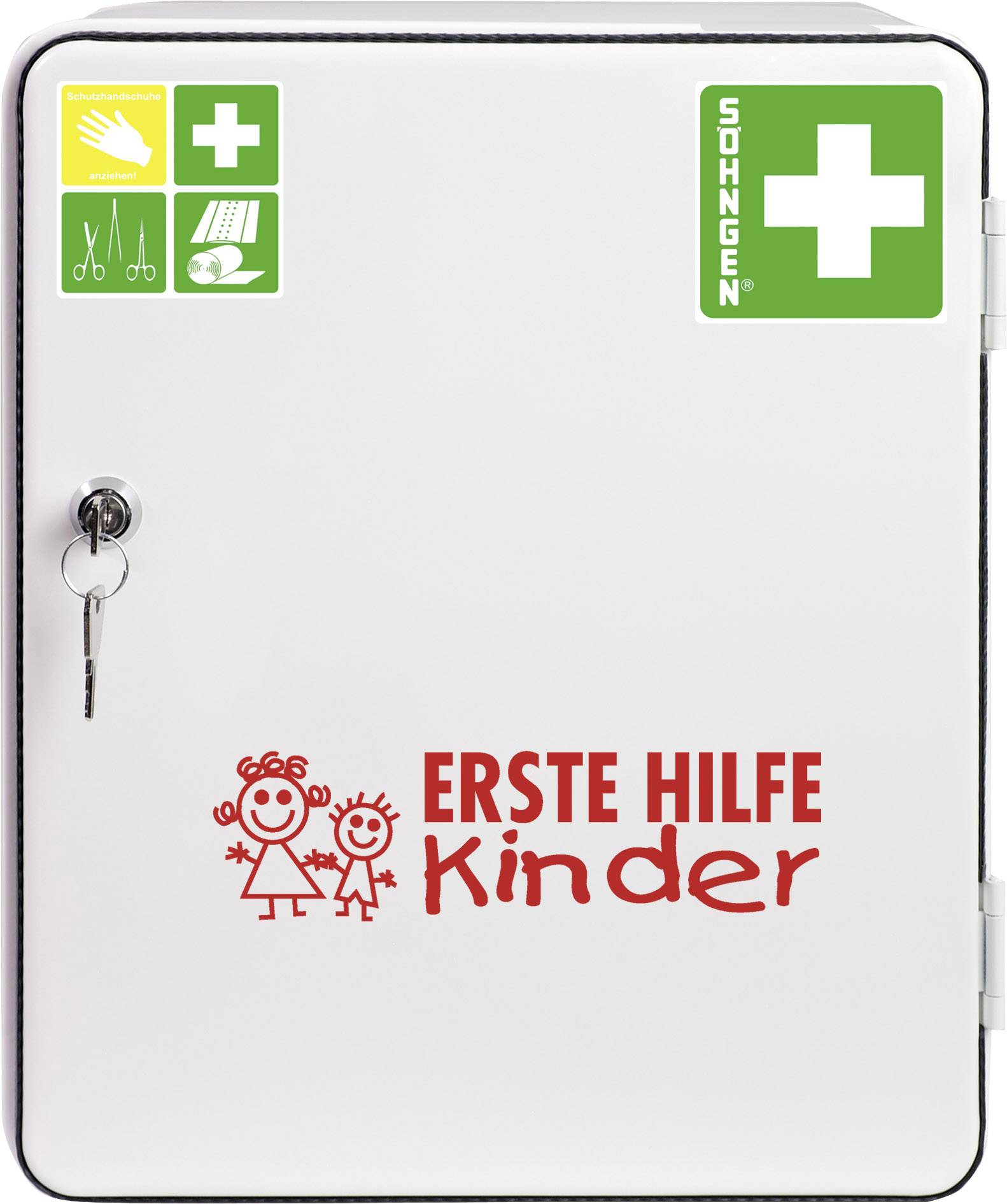 Ein weißer Erste-Hilfe-Schrank mit grünem Kreuzsymbol und 'Söhngen'-Logo. Aufschrift 'ERSTE HILFE Kinder' in Rot mit Zeichnung von zwei Kindern.