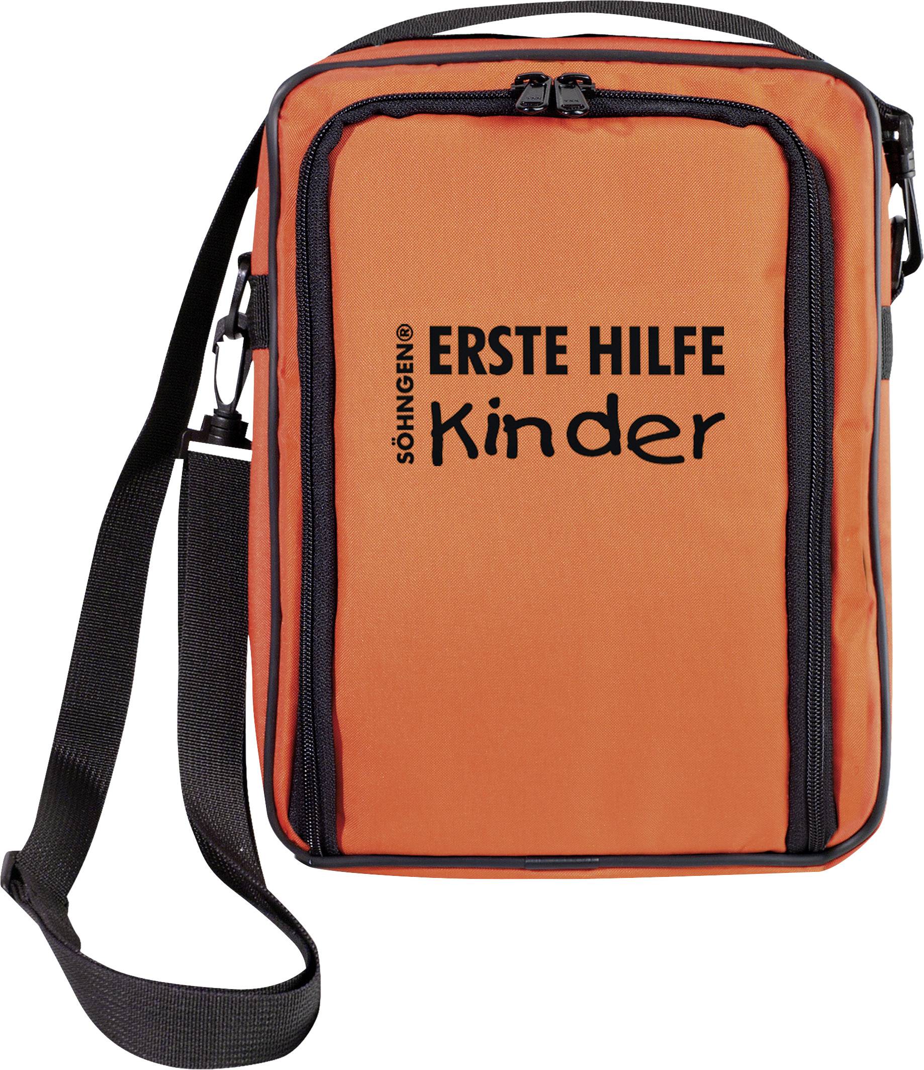 Eine orange Tasche mit schwarzer Schrift zeigt 'ERSTE HILFE Kinder', verwendet für Notfallausstattung für Kinder.