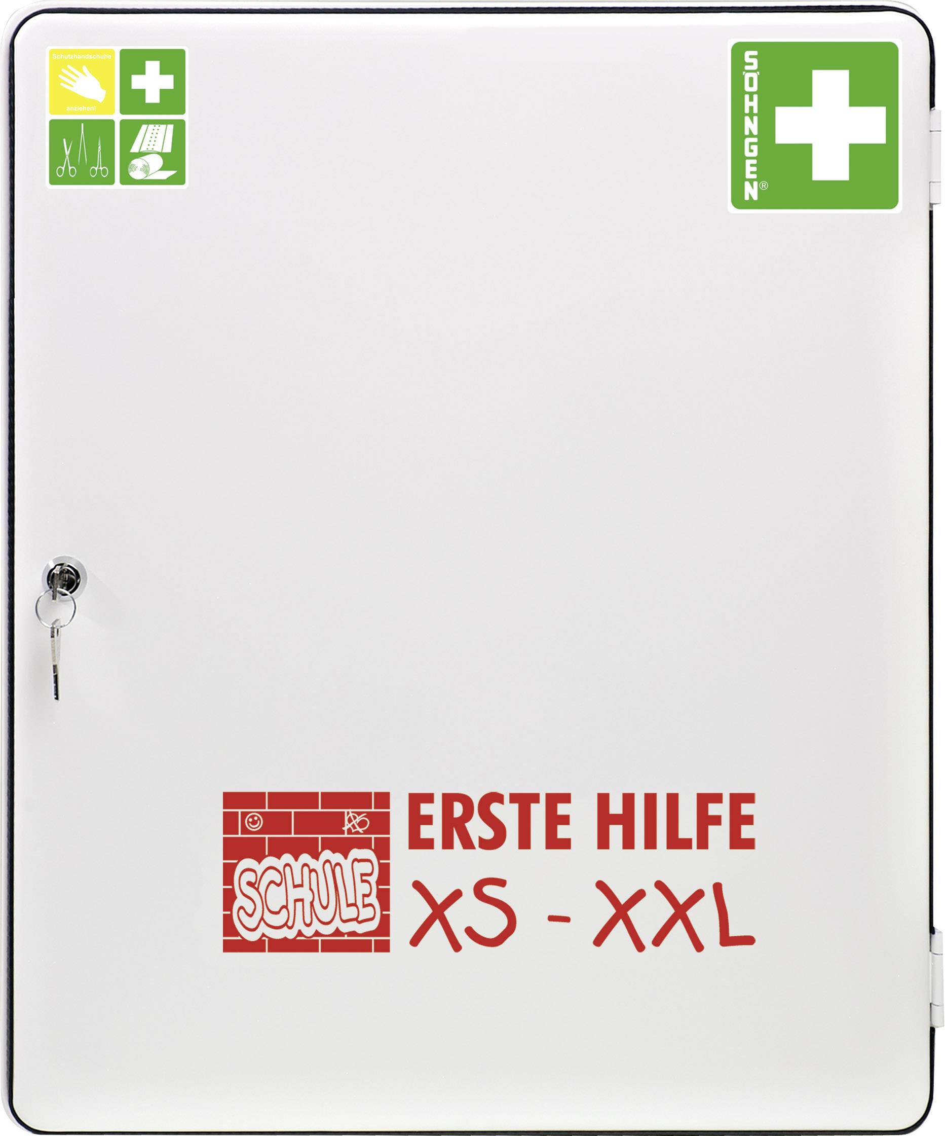 Ein weißer Erste-Hilfe-Schrank mit roten Aufdrucken 'SCHULE Erste Hilfe XS-XXL'. Grüne Symbole für Verbandskästen oben.