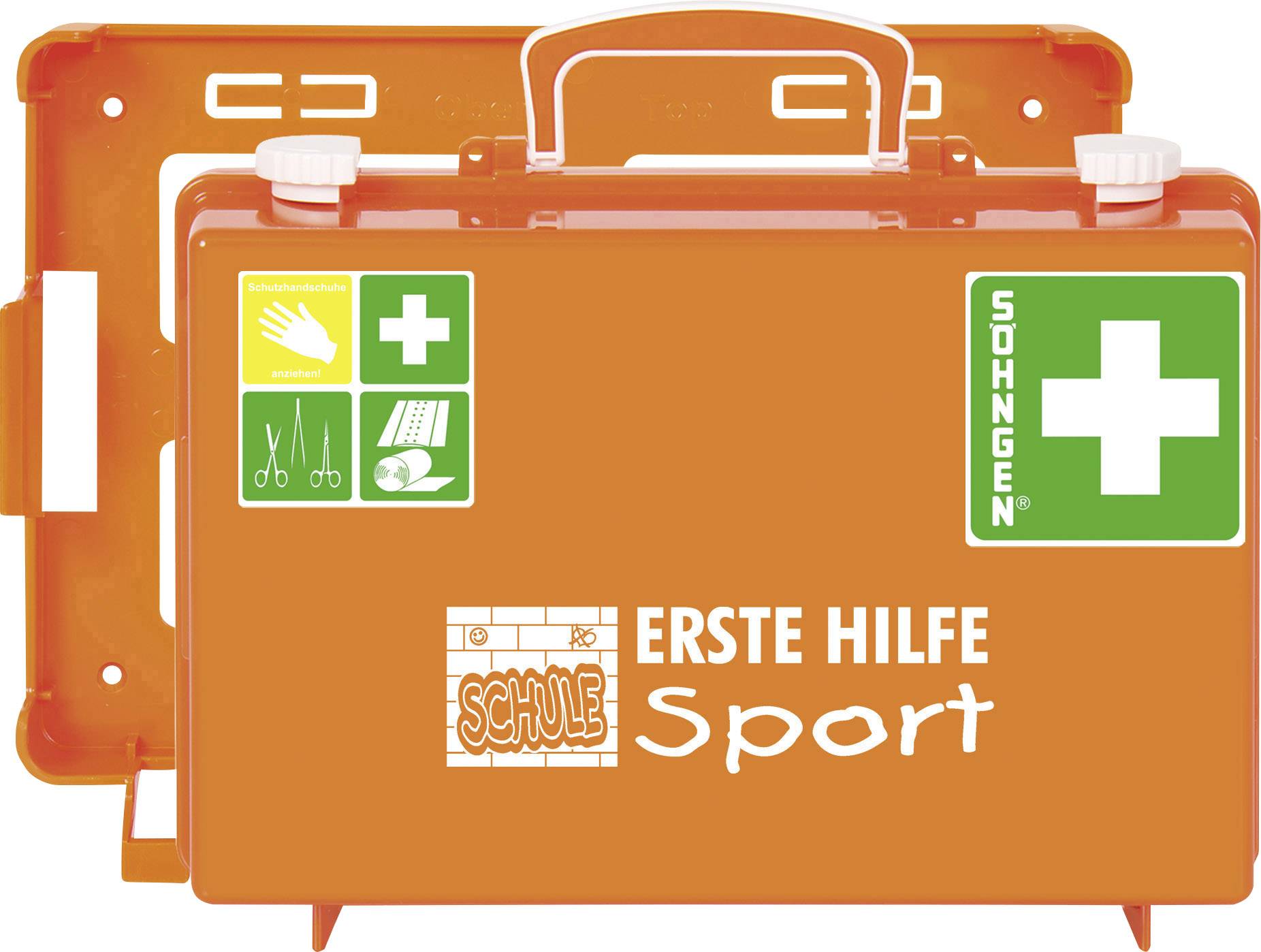Oranger Erste-Hilfe-Kasten für den Sport mit Aufdruck 'SCHULE Erste Hilfe Sport', weißen Kreuzen und Symbolen für medizinische Utensilien.