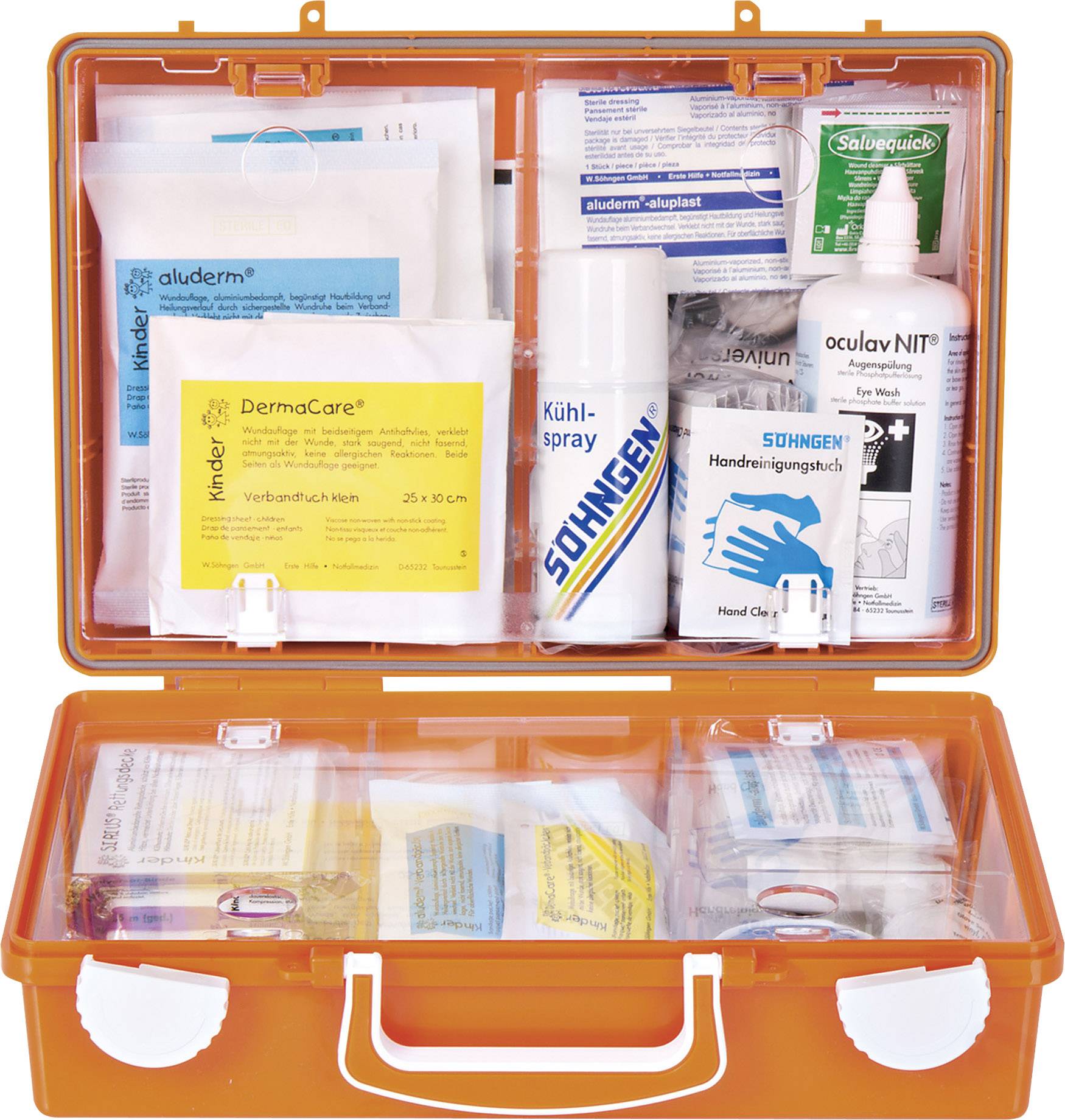 Oranger Erste-Hilfe-Kasten mit verschiedenen medizinischen Produkten wie Verbandmaterial, Kühl-Spray und sterile Lösungen.