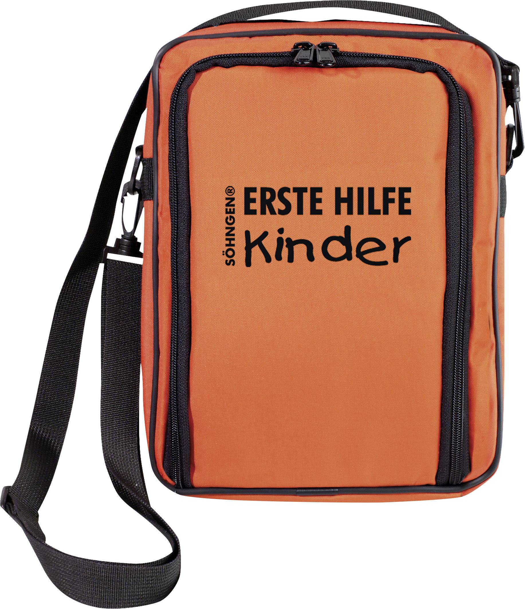 Orangefarbene Erste-Hilfe-Tasche mit der Aufschrift 'ERSTE HILFE Kinder'. Schwarze Reißverschlüsse und ein verstellbarer Schultergurt.
