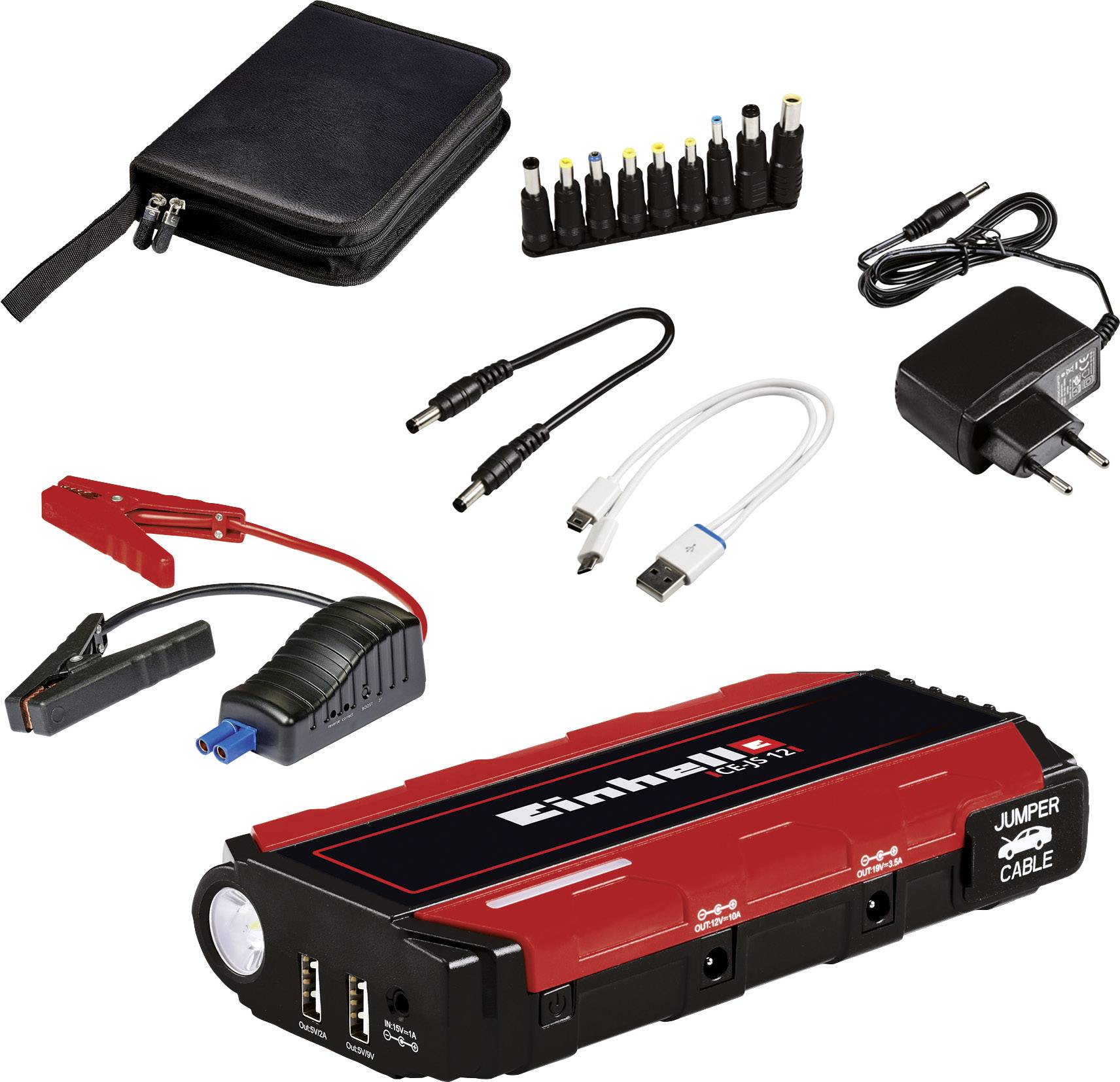 Ein Starthilfe-Paket mit Kabeln, Adaptern und einem Ladegerät. Enthält diverse Anschlüsse und einen tragbaren Akku im schwarzen Etui.