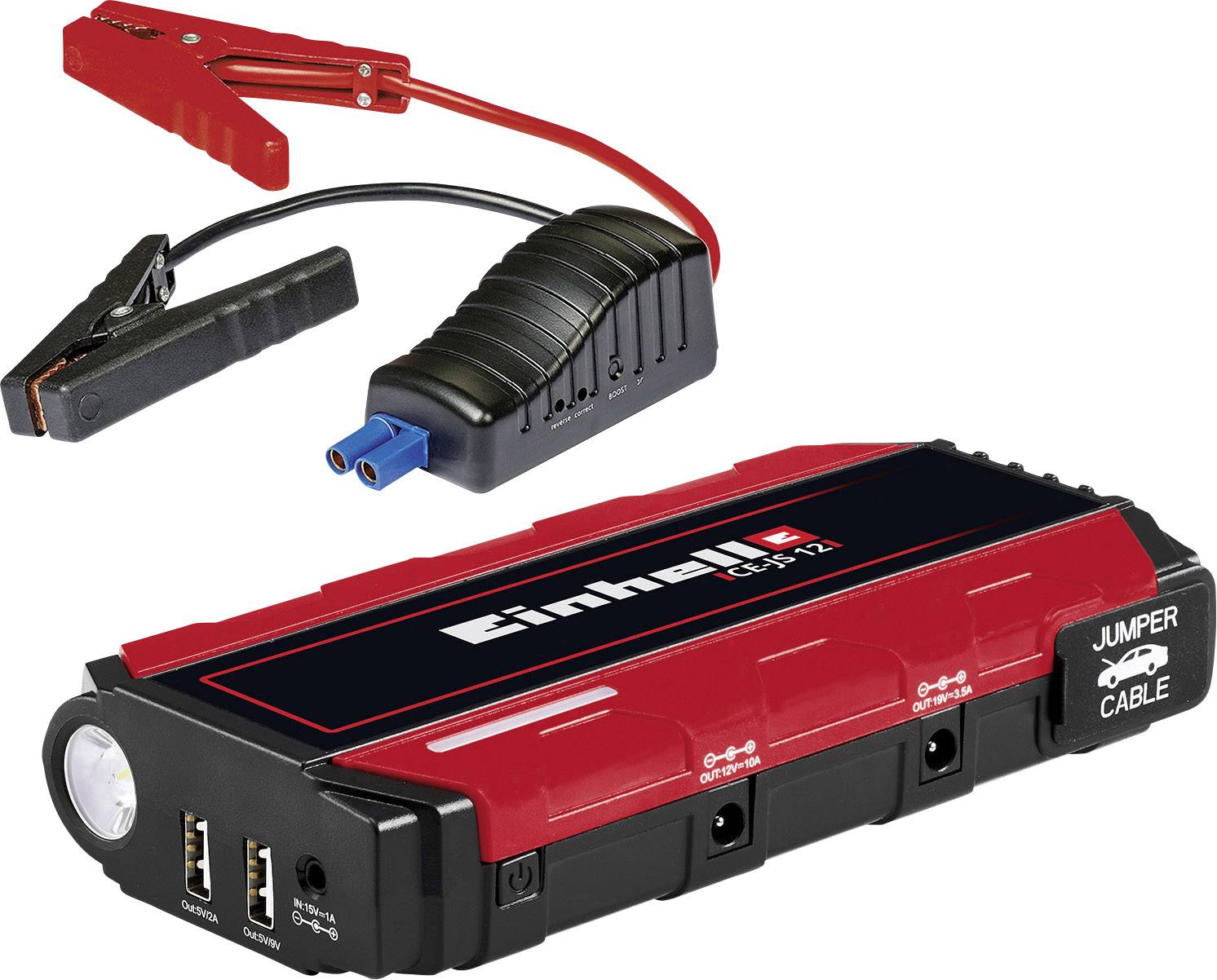 Ein rotes und schwarzes Starthilfegerät mit zwei USB-Anschlüssen und Kabelklemmen, geeignet zum Starten von Fahrzeugbatterien.