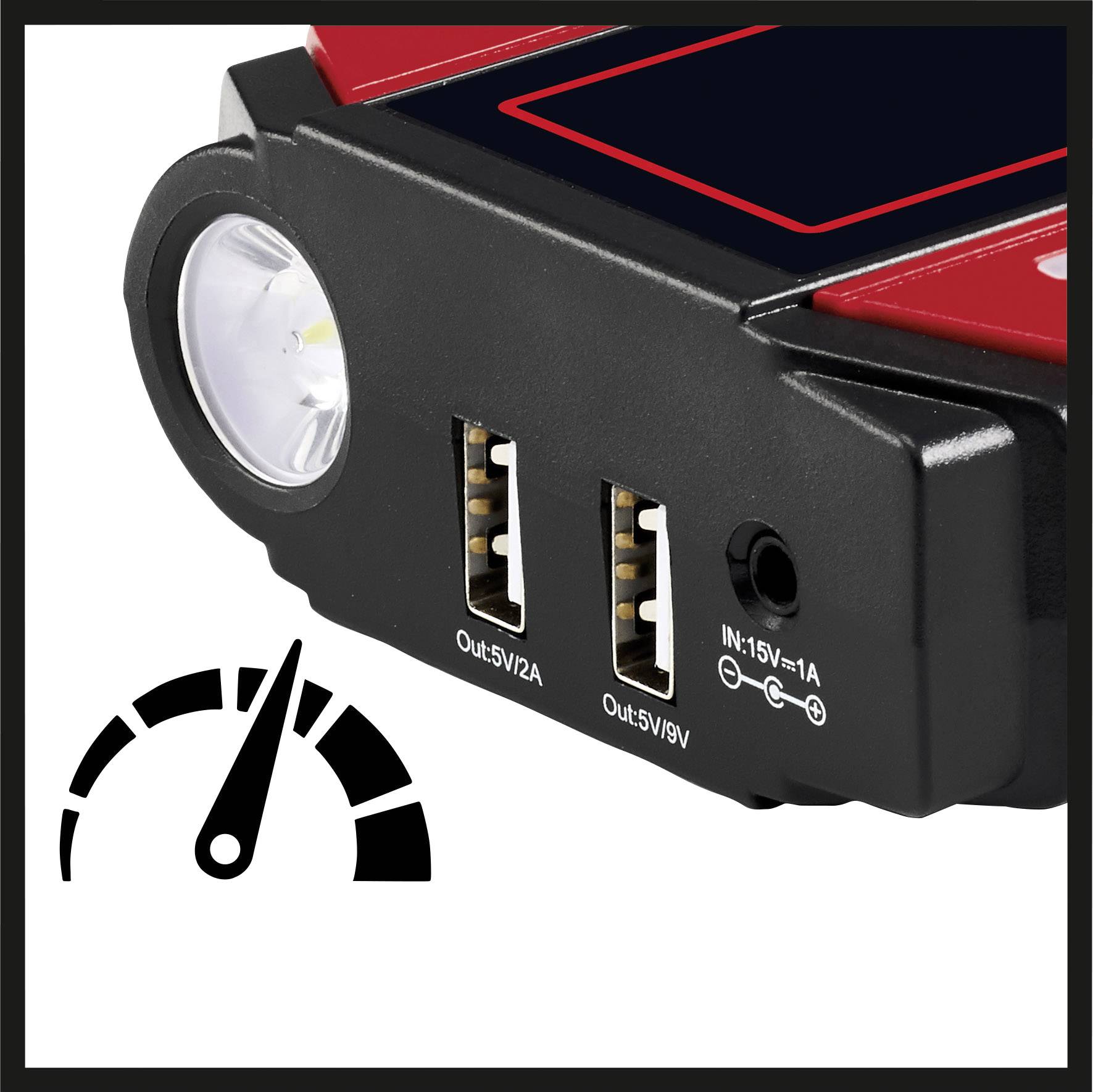 Ein schwarzes Gerät mit zwei USB-Anschlüssen, einer Taschenlampe und einer Anzeige für die Ausgangsleistung.