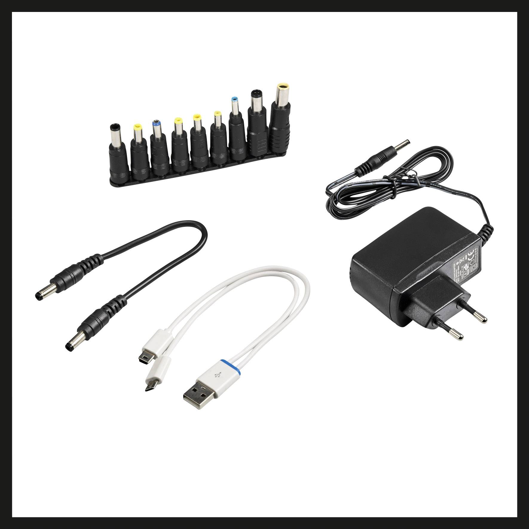 Verschiedene Ladegeräte und Adapter: mehrere Steckeroptionen, zwei Kabel mit USB-Anschlüssen und ein Netzteil mit EU-Stecker.
