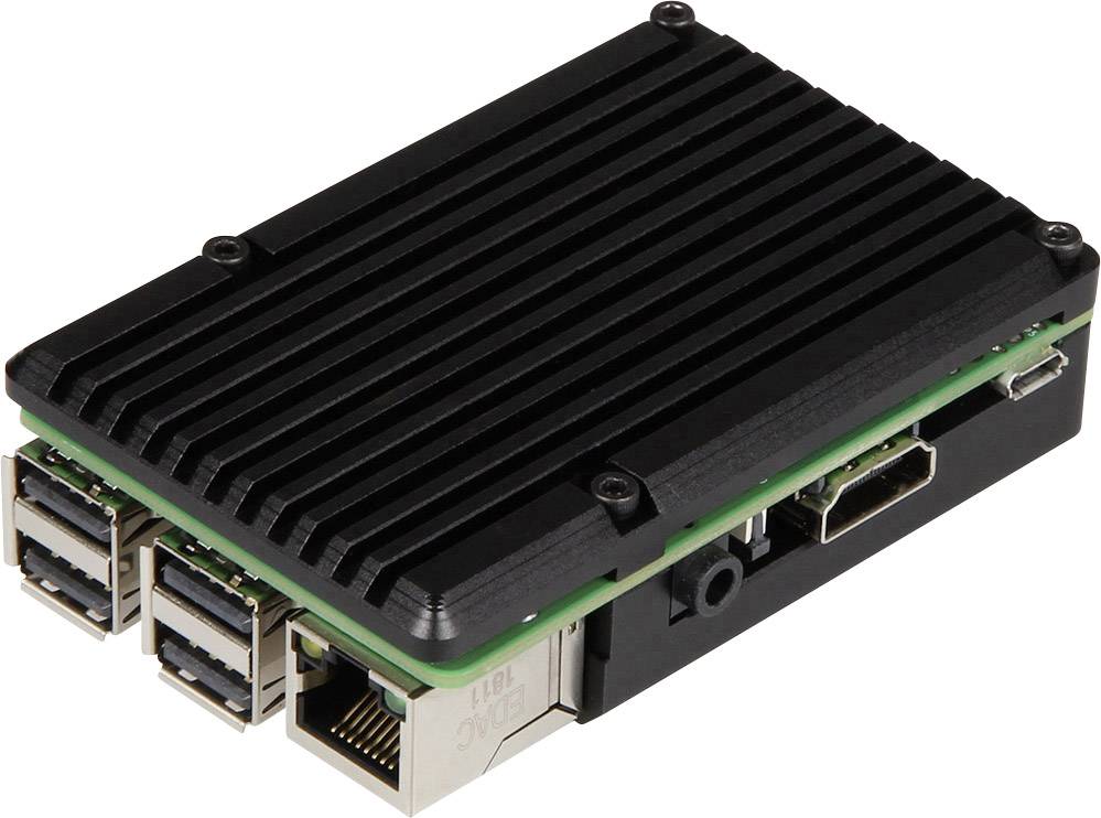 Ein schwarzer Mini-Computer mit mehreren USB-Anschlüssen und einem HDMI-Port, geeignet für DIY-Projekte und technische Anwendungen.