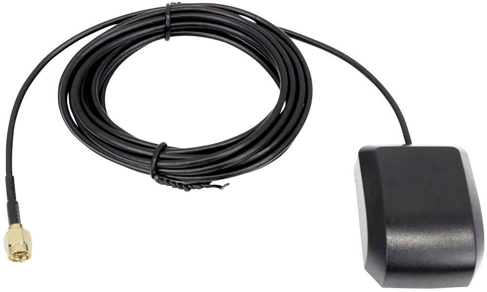 Schwarze GPS-Antenne mit langem Kabel und goldfarbenem Stecker, geeignet für die Empfangsverbesserung von GPS-Signalen.