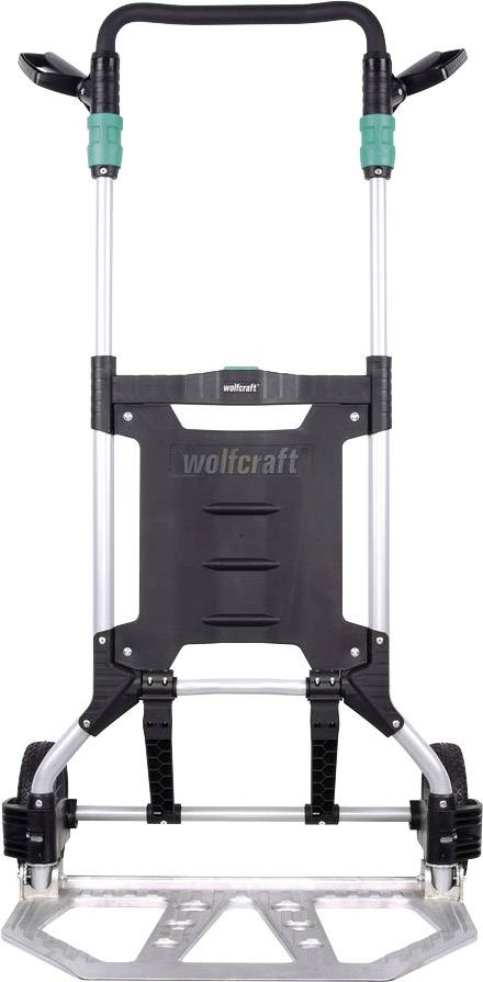 Transportwagen mit schwarzem Gehäuse und silbernem Rahmen, ergonomischem Griff und breiter Plattform zum Transport von Lasten.