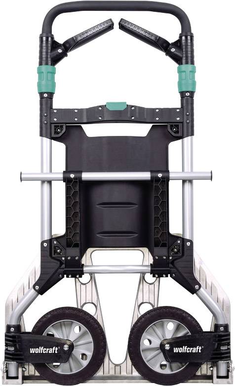 Schwarzer, zusammengeklappter Transportwagen mit zwei großen Rädern und einem metallischen Tragegriff. Aufschrift 'wolfcraft'.