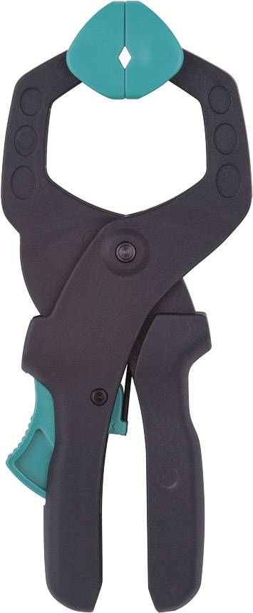 Eine schwarz-türkise Zwinge mit ergonomisch geformten Griffen, verwendet zum sicheren Halten von Werkstücken in Werkstätten und bei Projekten.