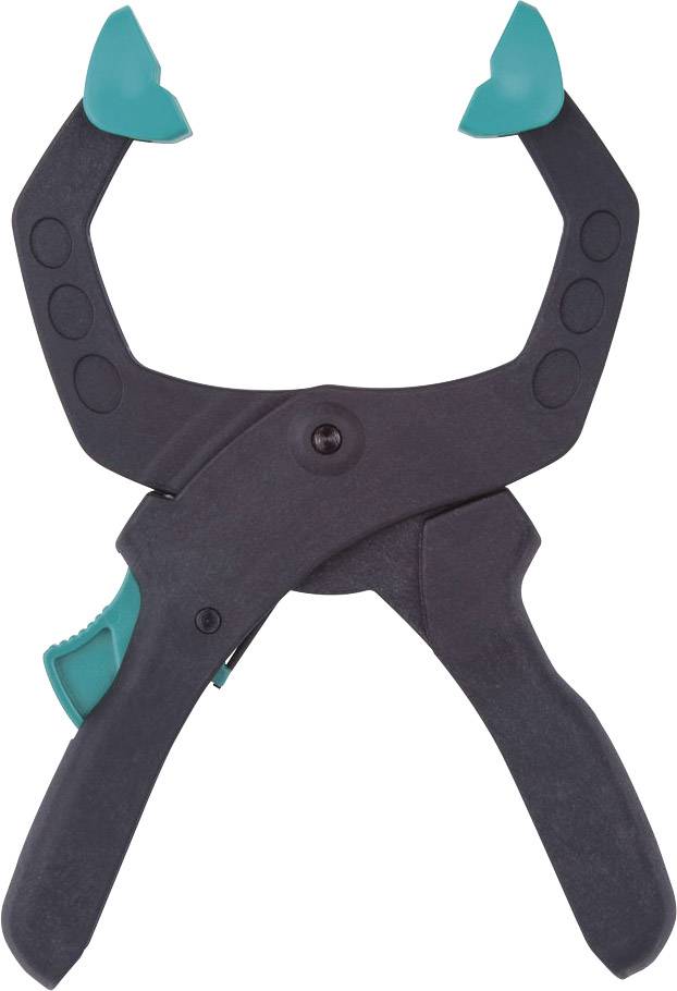 Eine schwarze Kunststoffklemme mit grünen Gummispitzen, oft verwendet, um Objekte sicher zusammenzuhalten oder zu fixieren.