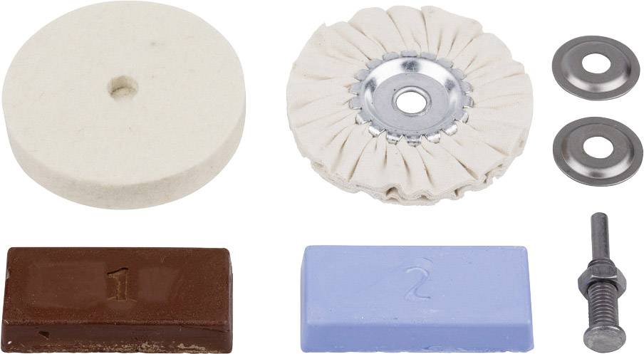 Polierset mit Filzscheibe, Stoffscheibe, zwei Metallscheiben, brauner und blauer Polierpaste, sowie Schrauben und Muttern.