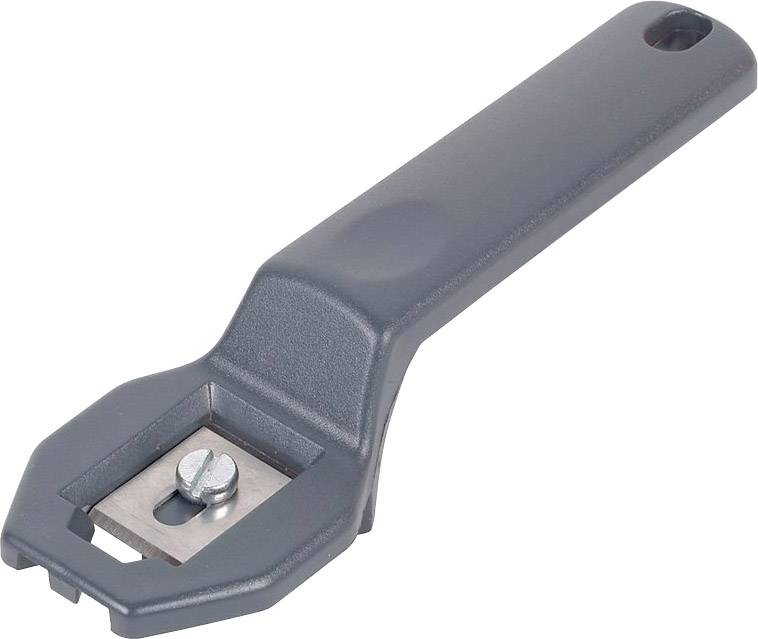 Ein grauer Kunststoff-Fliesenschneider mit einer Klinge in der Mitte, verwendet zum Schneiden von Fliesen entlang markierter Linien.