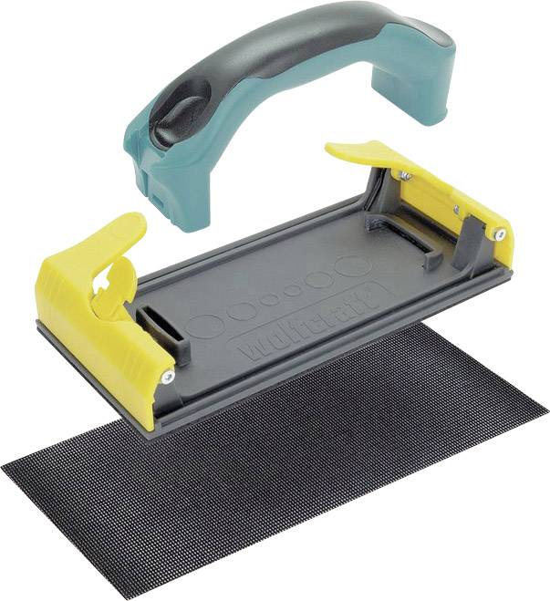 Handschleifblock mit austauschbarem Schleifpapier und ergonomischem Griff. Geeignet für präzises Schleifen von Oberflächen.