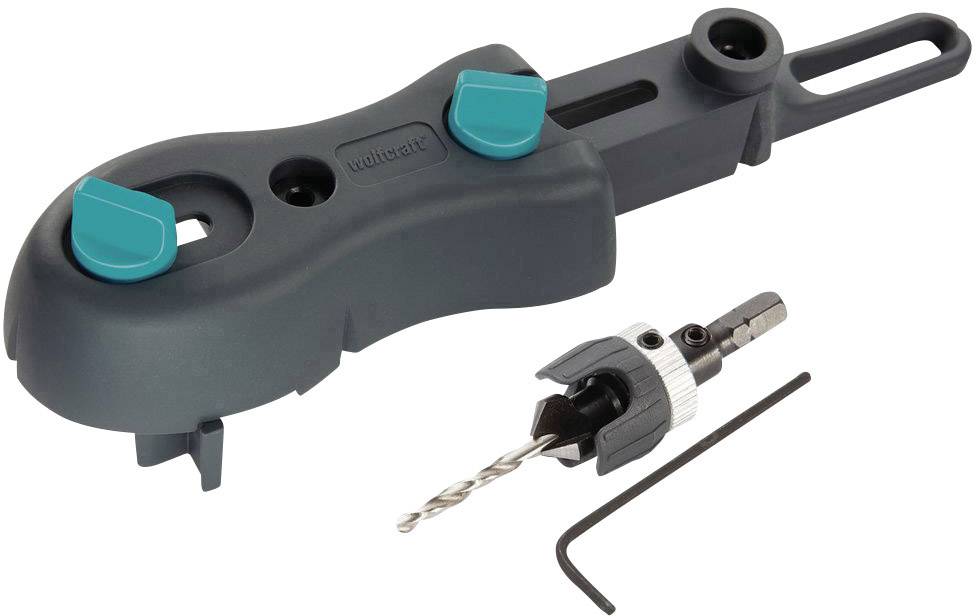 Bohrenführungswerkzeug-Set mit grauem Gehäuse, zwei blauen Griffen, Bohrerbefestigung und Sechskantschlüssel. Geeignet für präzises Bohren.