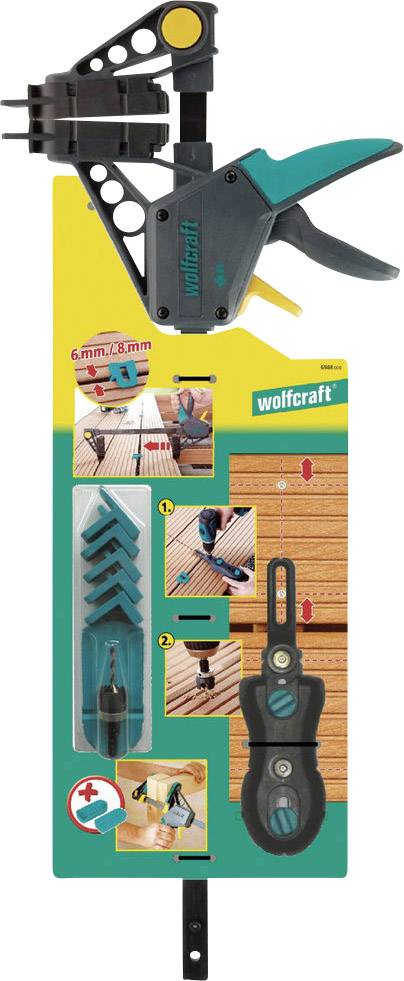 Montageset für Terrassendielen von wolfcraft, bestehend aus Montagezange und Bohrschablonen, zur leichten Befestigung von Dielen.