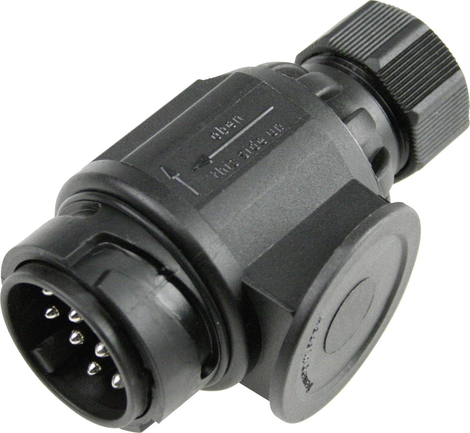 Ein schwarzer, runder elektrischer Stecker mit mehreren Anschlüssen und Befestigungselementen, vermutlich für Industrieanwendungen.