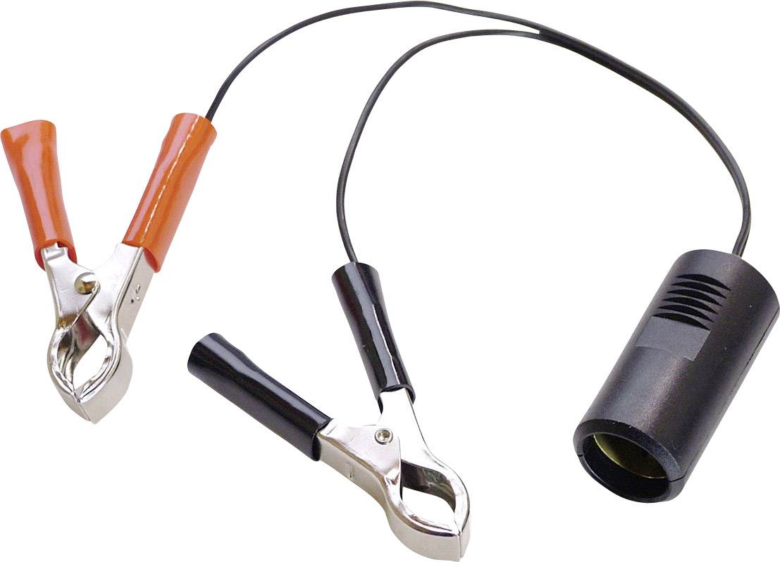 Batterieklemmen sind mit einem Adapterkabel verbunden. Eine Klemme ist rot, die andere schwarz und das Kabel endet in einem Stecker.