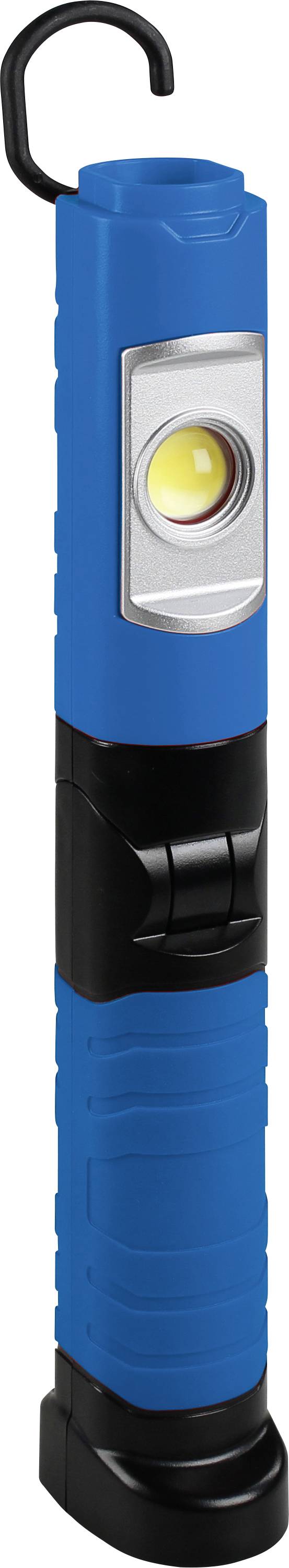 Blaue LED-Taschenlampe mit Haken und Magnet, aufrecht stehend, geeignet für freihändiges Arbeiten und optimale Beleuchtung.