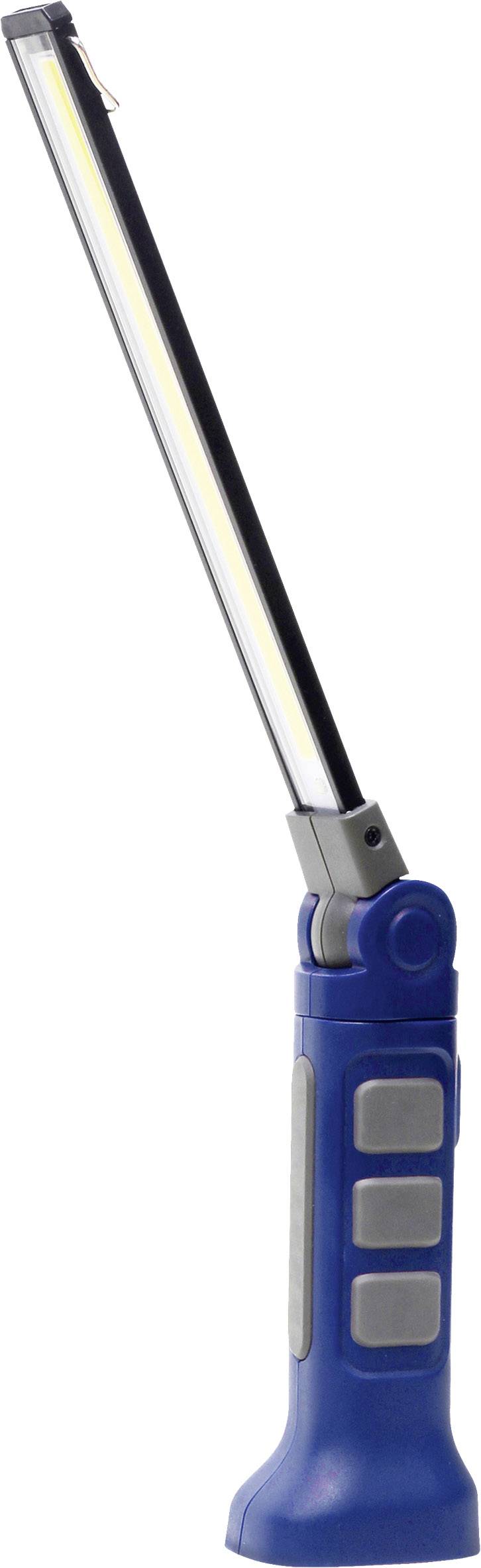 Blaues, tragbares LED-Licht mit verstellbarem Arm, stehend in vertikaler Position. Ideal für den Einsatz in Werkstätten oder bei Outdoor-Aktivitäten.
