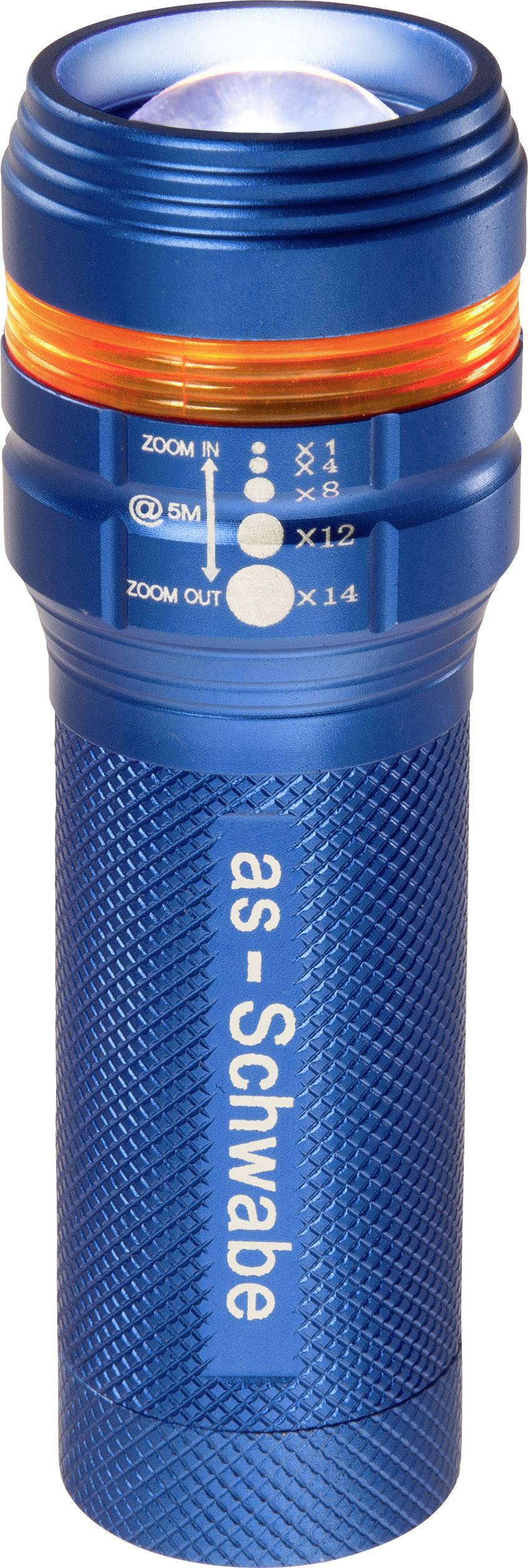 Blaue LED-Taschenlampe mit orangem Akzent, Zoomfunktion und Text 'as-Schwabe' auf dem Griff. Ideal für Outdoor-Aktivitäten.