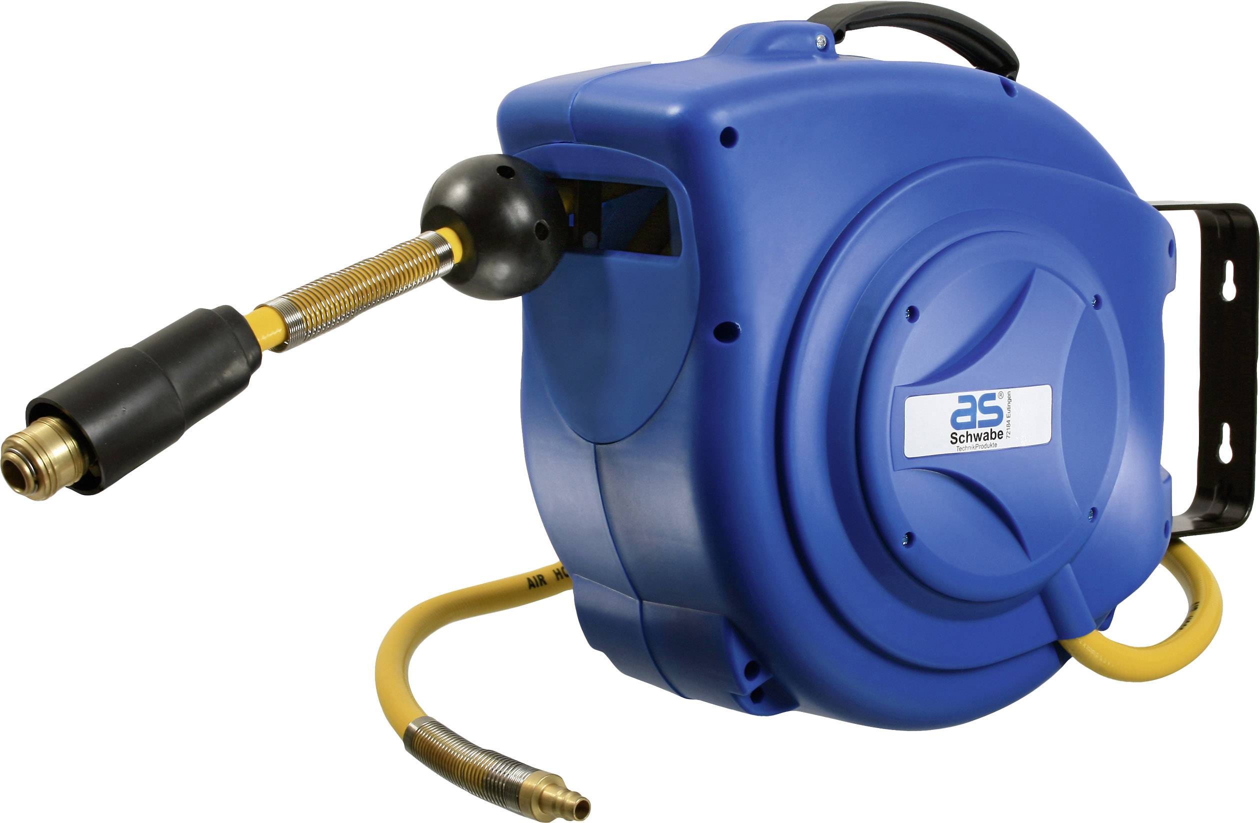 Blaue automatische Kabeltrommel mit gelbem Schlauch und Metallanschlüssen, montierbar an der Wand, Marke 'as - Schwabe'.