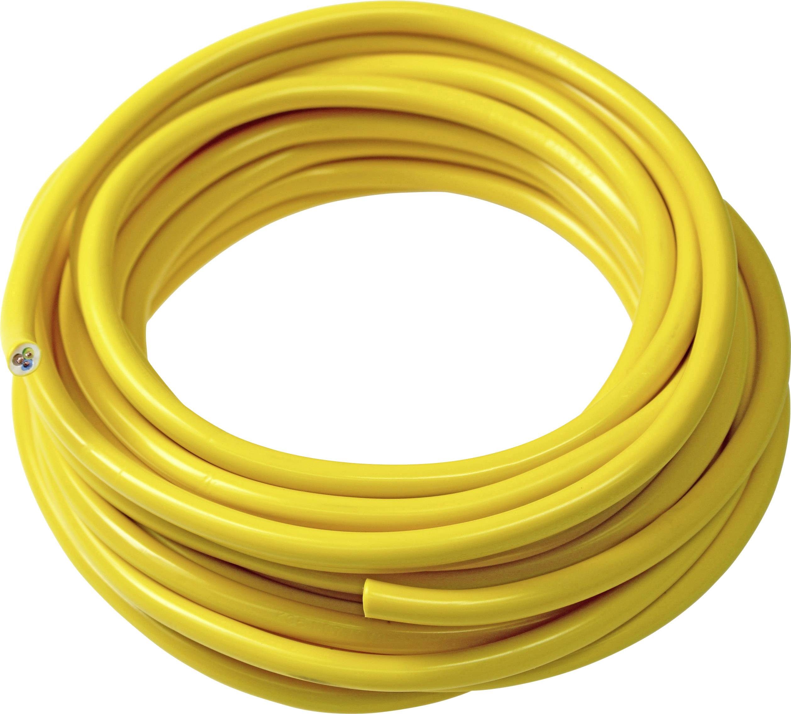 Ein gelbes, aufgerolltes Kabel liegt auf einer weißen Oberfläche.