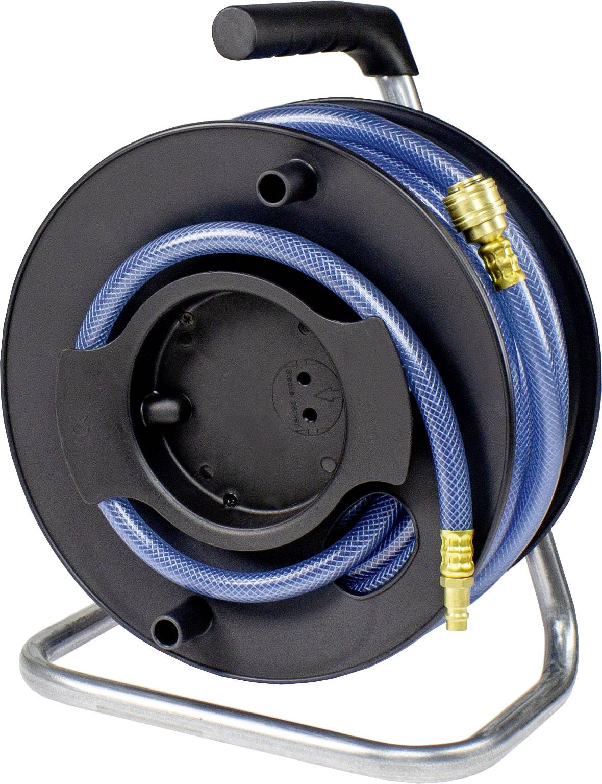 Eine schwarze Schlauchtrommel mit einem blauen Gartenschlauch, der aufgerollt ist. Der Schlauch hat goldfarbene Anschlüsse.