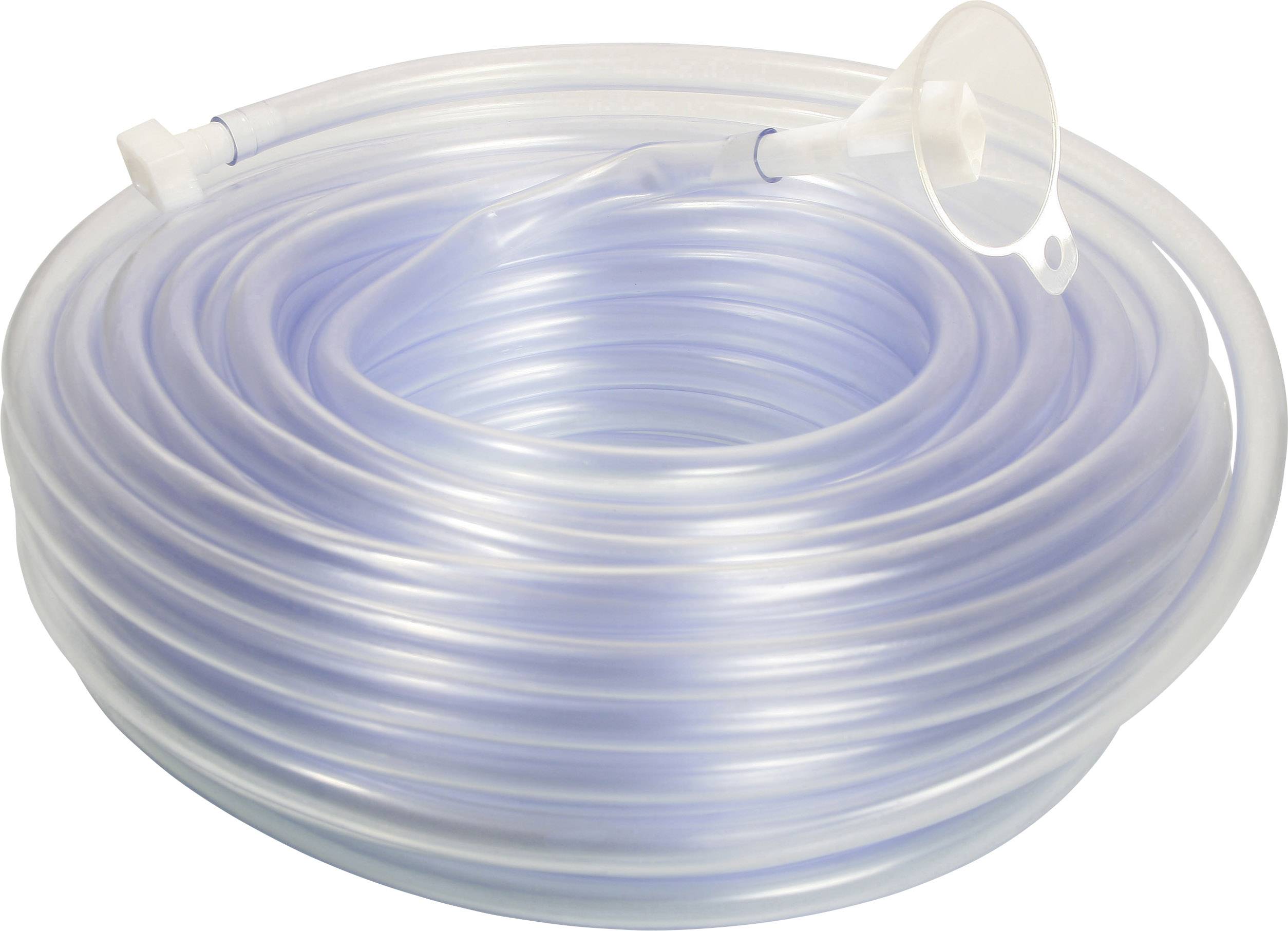 Große Spule aus klarem Plastikschlauch mit Trichter am Ende.