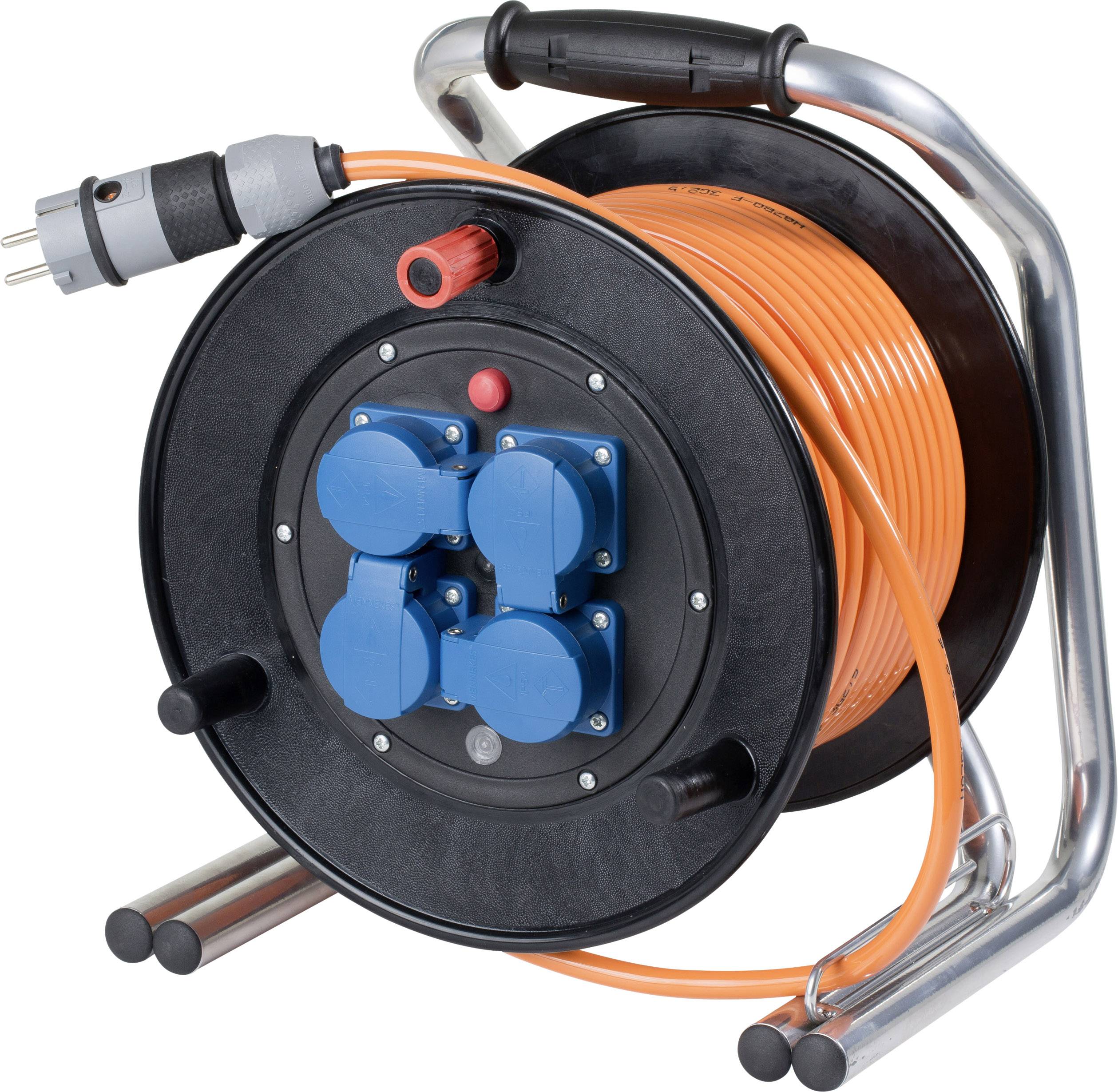 Eine schwarze Kabeltrommel mit orangem Kabel und drei blauen Steckdosen auf der Vorderseite, montiert auf einem Metallrahmen.