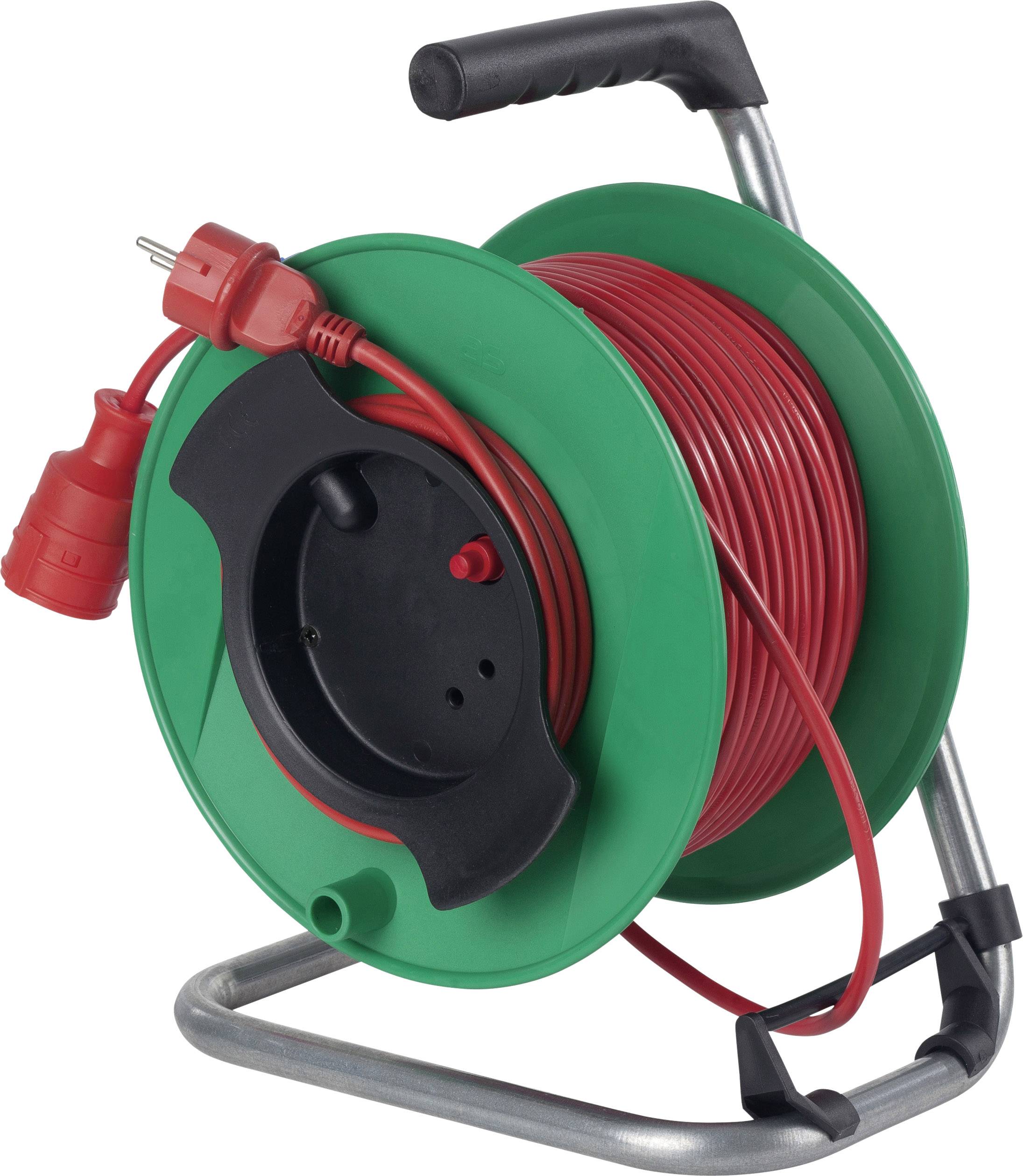 Grüne Kabeltrommel mit rotem Kabel und Stecker, auf einem grauen Metallständer. Geeignet für den Gebrauch im Innen- und Außenbereich.