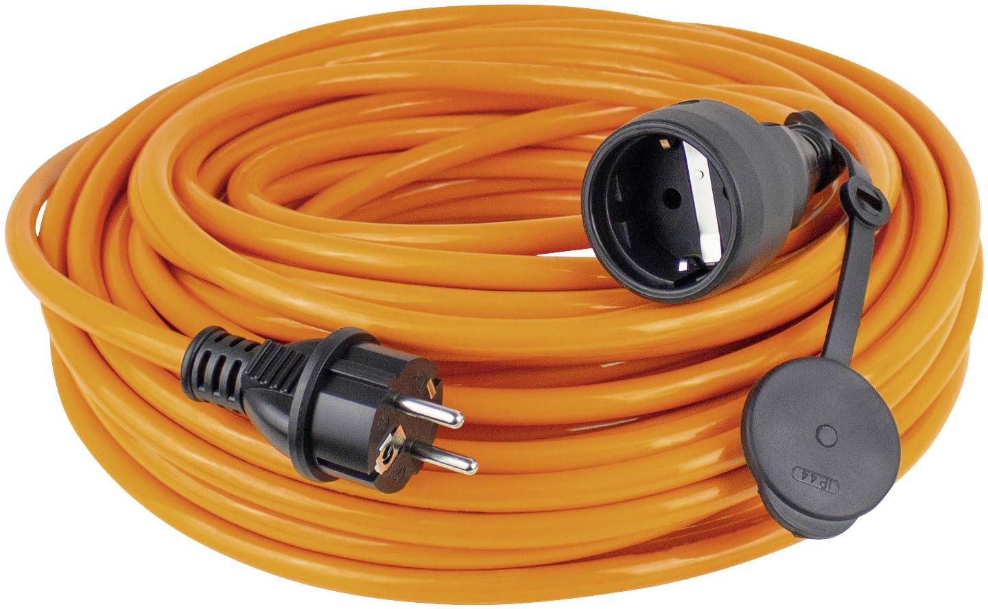 Orange Verlängerungskabel mit europäischem Stecker und Kupplung, aufgerollt. Geeignet für den Einsatz im Haushalt oder Garten.