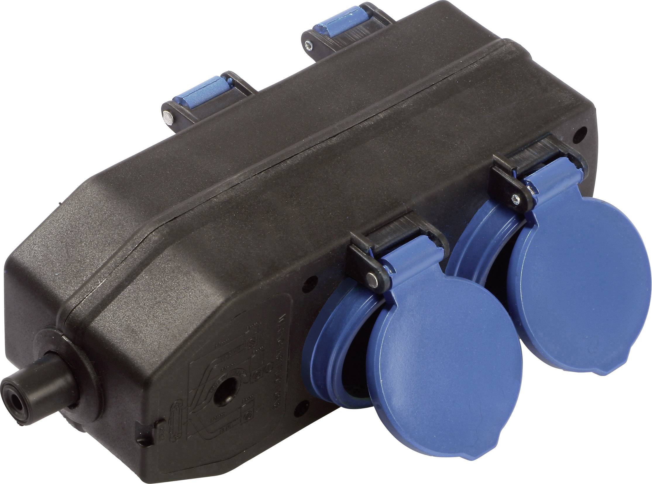 Ein schwarzer Kunststoffstecker mit zwei blauen Abdeckungen für elektrische Anschlüsse, geeignet für den Außenbereich.