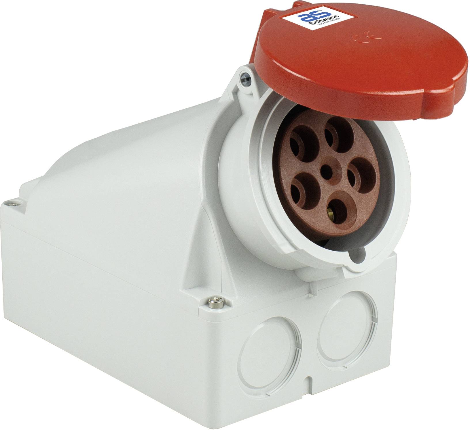 Ein weißes, rechteckiges elektrisches Steckdose-Gehäuse mit einer roten Abdeckung ist in einem Winkel von etwa 45 Grad zu sehen.