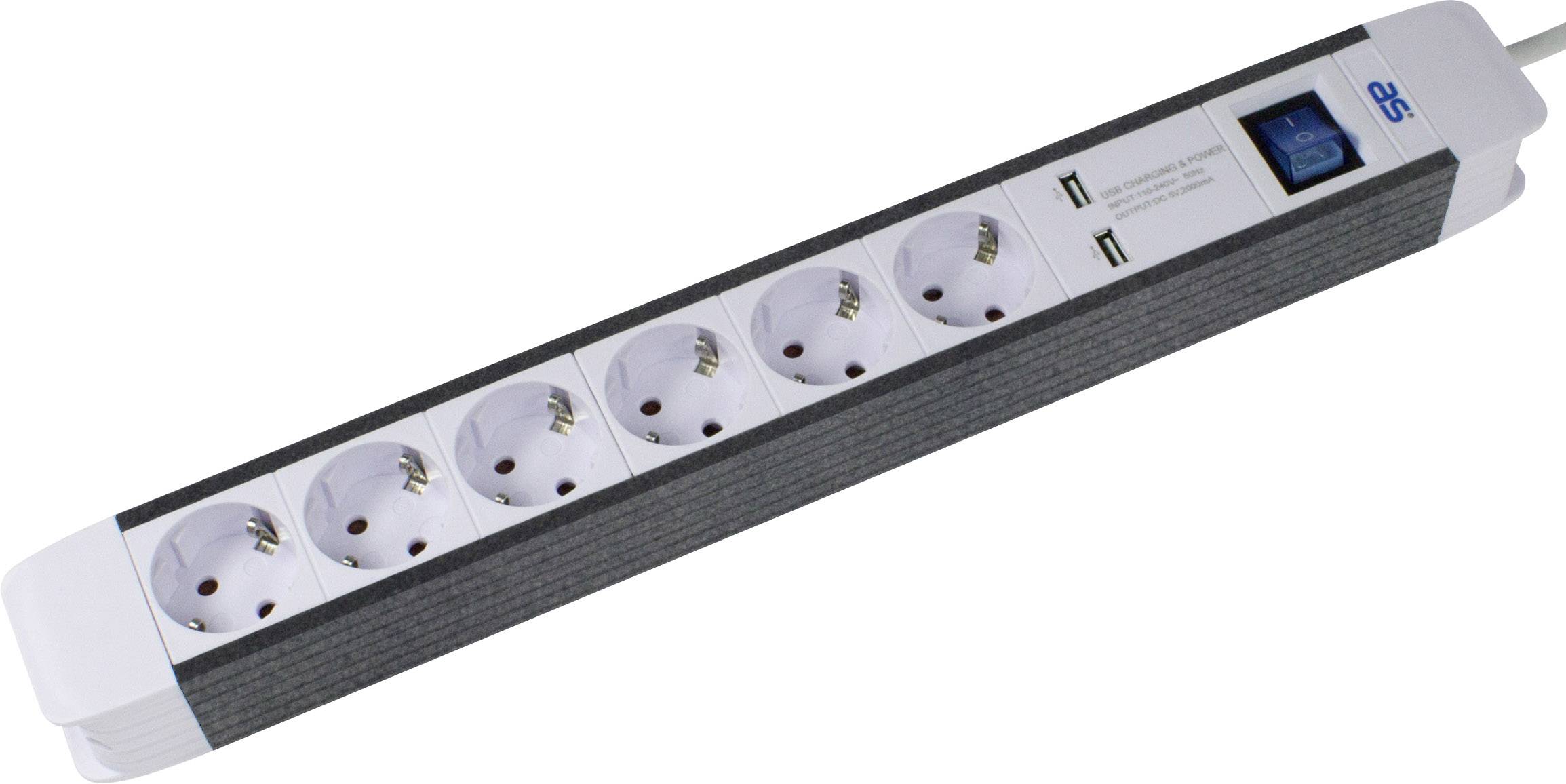 Steckdosenleiste mit sechs Schuko-Steckplätzen und zwei USB-Anschlüssen, geeignet für den Anschluss mehrerer Geräte.