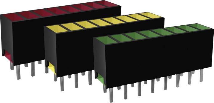 Drei mehrfarbige elektronische Steckverbinder mit jeweils acht Pins, die nebeneinander positioniert sind: rot, gelb und grün.