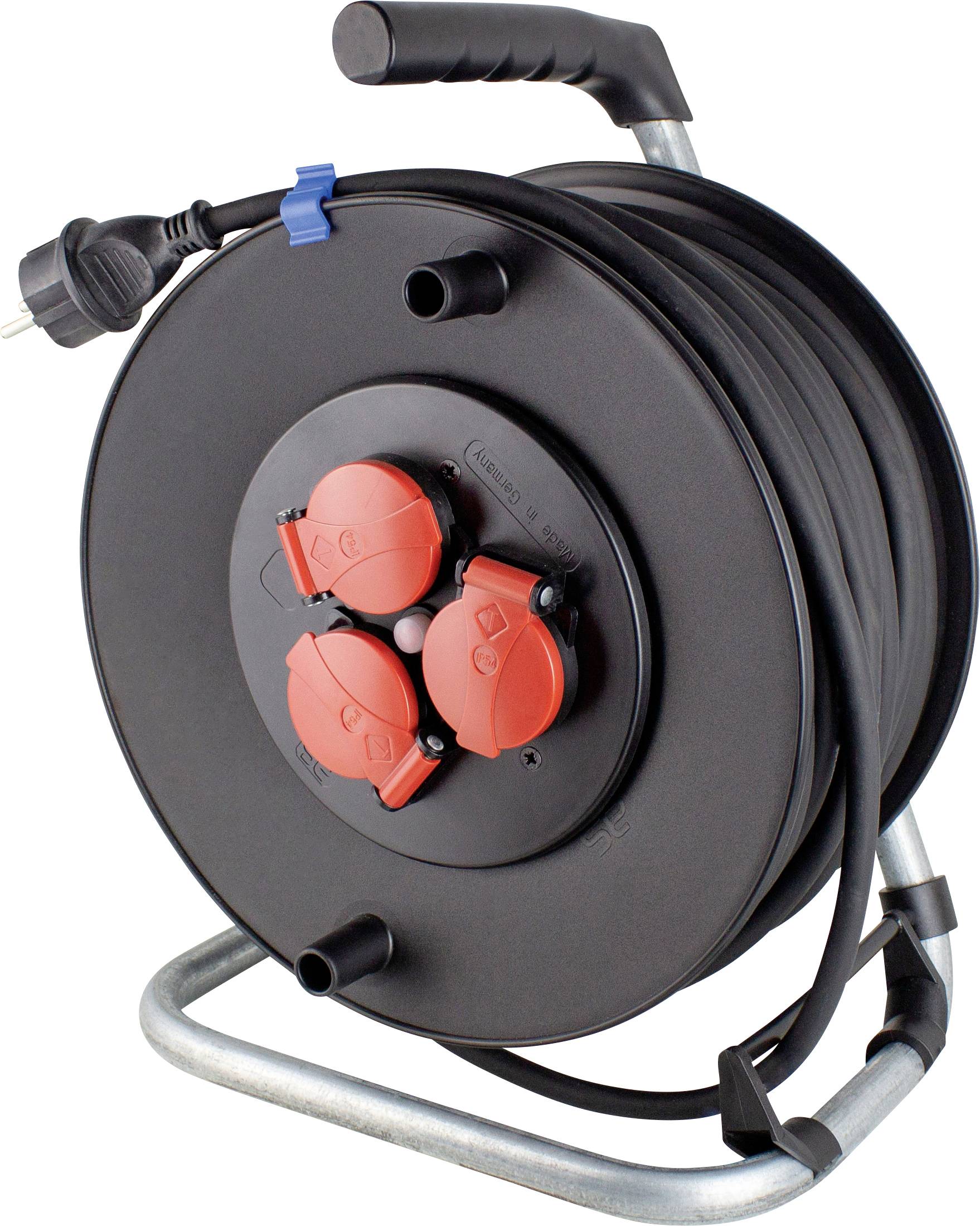 Kabeltrommel mit Griff, mehreren Steckdosen und aufgewickeltem Kabel auf Metallrahmen.