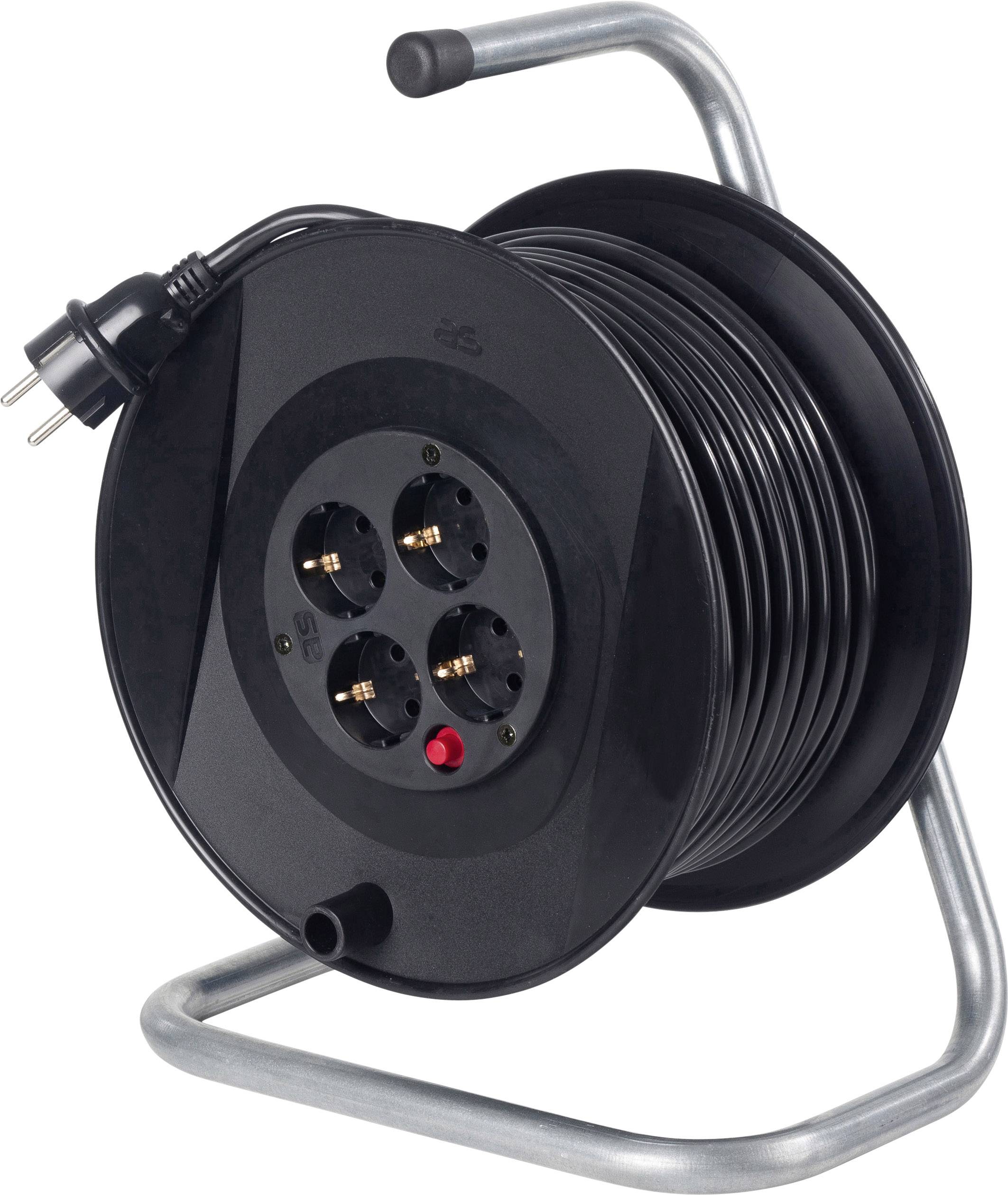Schwarze Kabeltrommel mit Metallgestell, vier Steckdosen und einem Netzkabel. Sie dient zur Verlängerung elektrischer Verbindungen.