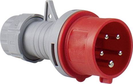 Ein roter, industrieller Stecker mit fünf Metallstiften, geeignet für hohe Spannungen, liegt auf einer grauen Unterlage.
