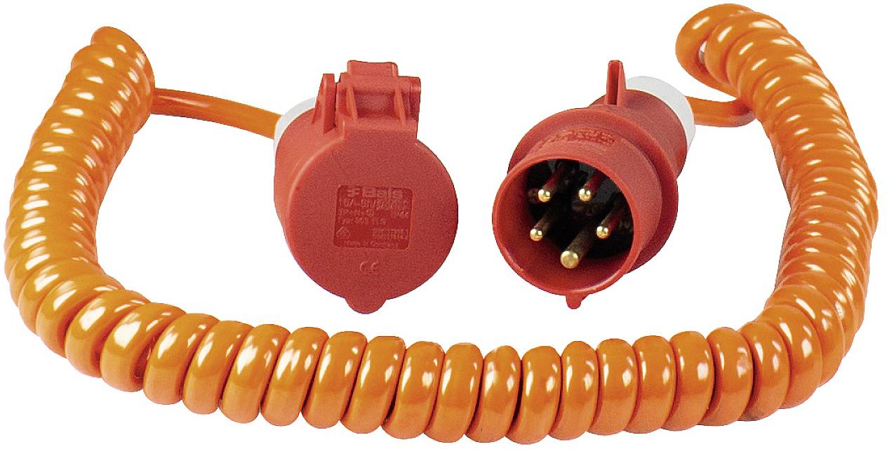 Orange Spiralkabel mit zwei roten Steckverbindern, einer männlich, einer weiblich, für elektronische Verbindungen und Signalübertragung.